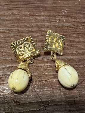 Gold-Tone Drop Earrings with Cream Bead Accent